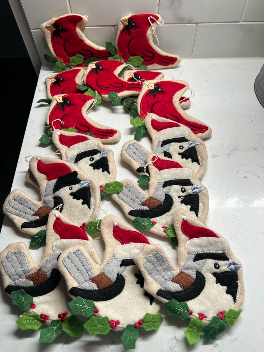 Set of 14 Utensil Holders / or Ornaments- Holiday Birds w/ Holly. 7 of Each Bird